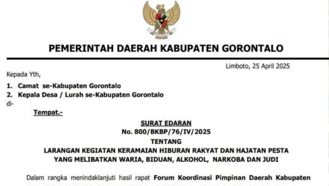 
					Bupati Gorontalo Keluarkan Edaran Larangan Hiburan Melibatkan Waria, Alkohol, dan Judi